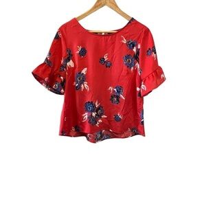 MAURICES Red Floral Ruffle Sleeve Lightweight Crew Neck Short Dressy Shirt M